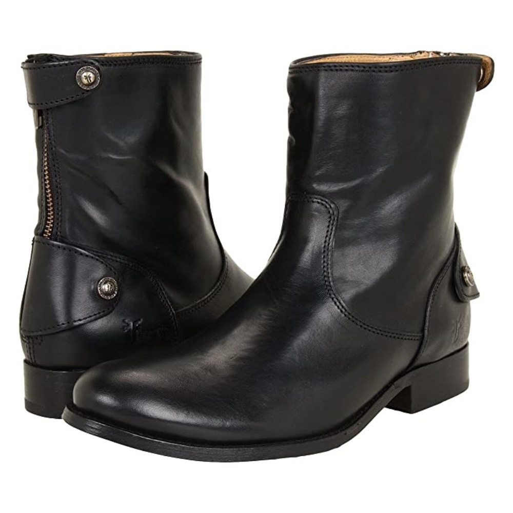 FRYE Melissa Button Zip Short Ankle Boots Black Leather Biker - Rocker boho 7 B